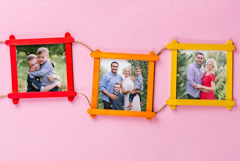 Frame your photo prints with colourful lolly sticks and string them together for a fun photo banner for your party