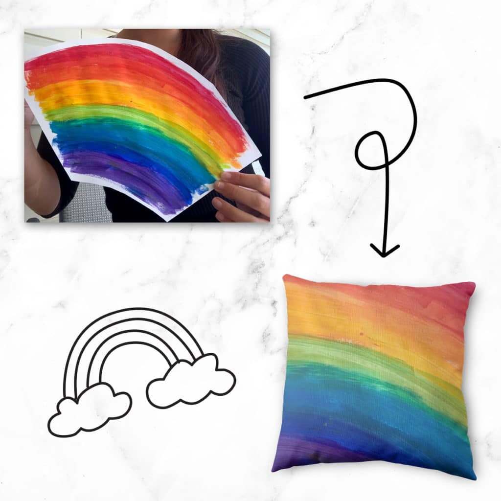 Create rainbow pillows with Snapfish when you upload photos of kids rainbow art.