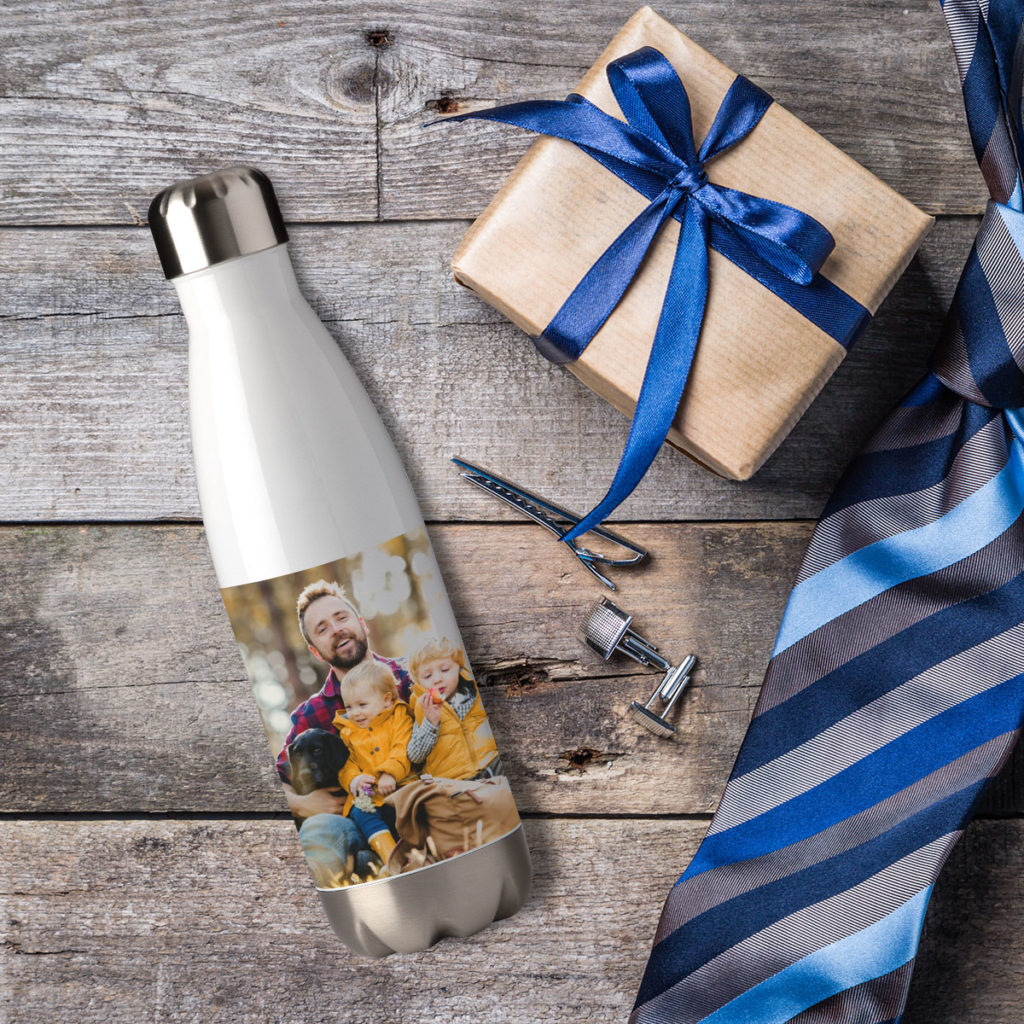 Create a personalised water bottle with photos of Dad