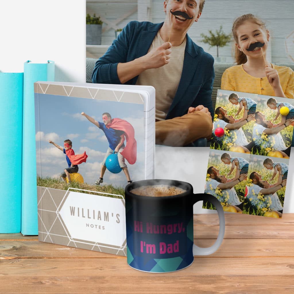Create picture - perfect photo gifts for Dad. Gift him photo tiles, magic mugs, personalized journals and wallet photo prints this Father's Day