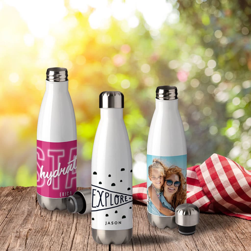 Never drink from the wrong bottle again. Customise your water bottle with your name and photo