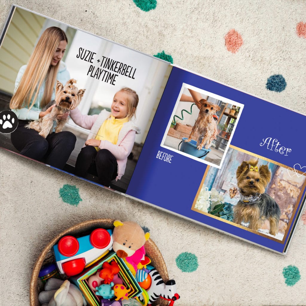 photo book open from above next to basket of toys 