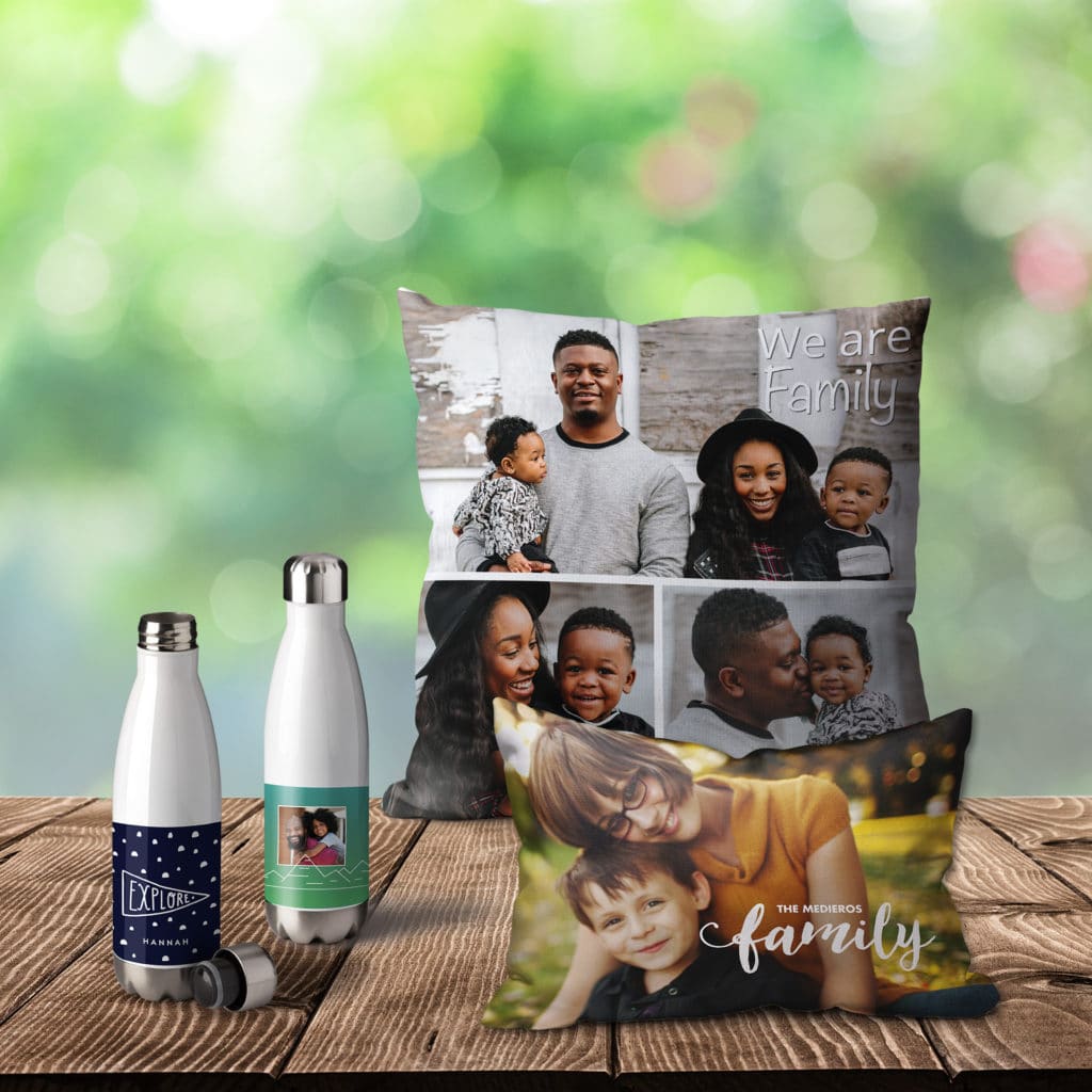 Cosy up with photo cushions and stay hydrated with personalised water bottles