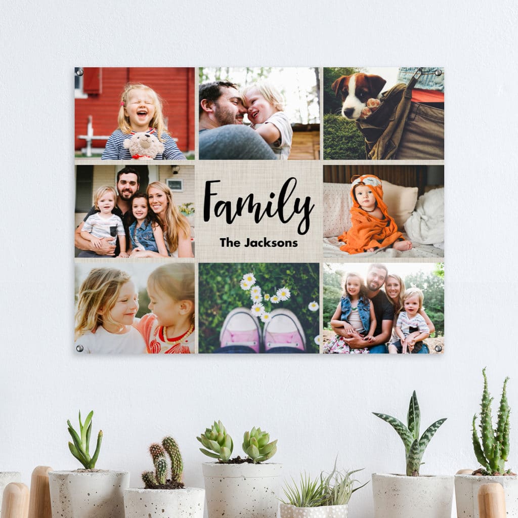 Showcase family photos in a collage print layout. Choose from range of pre-made designs