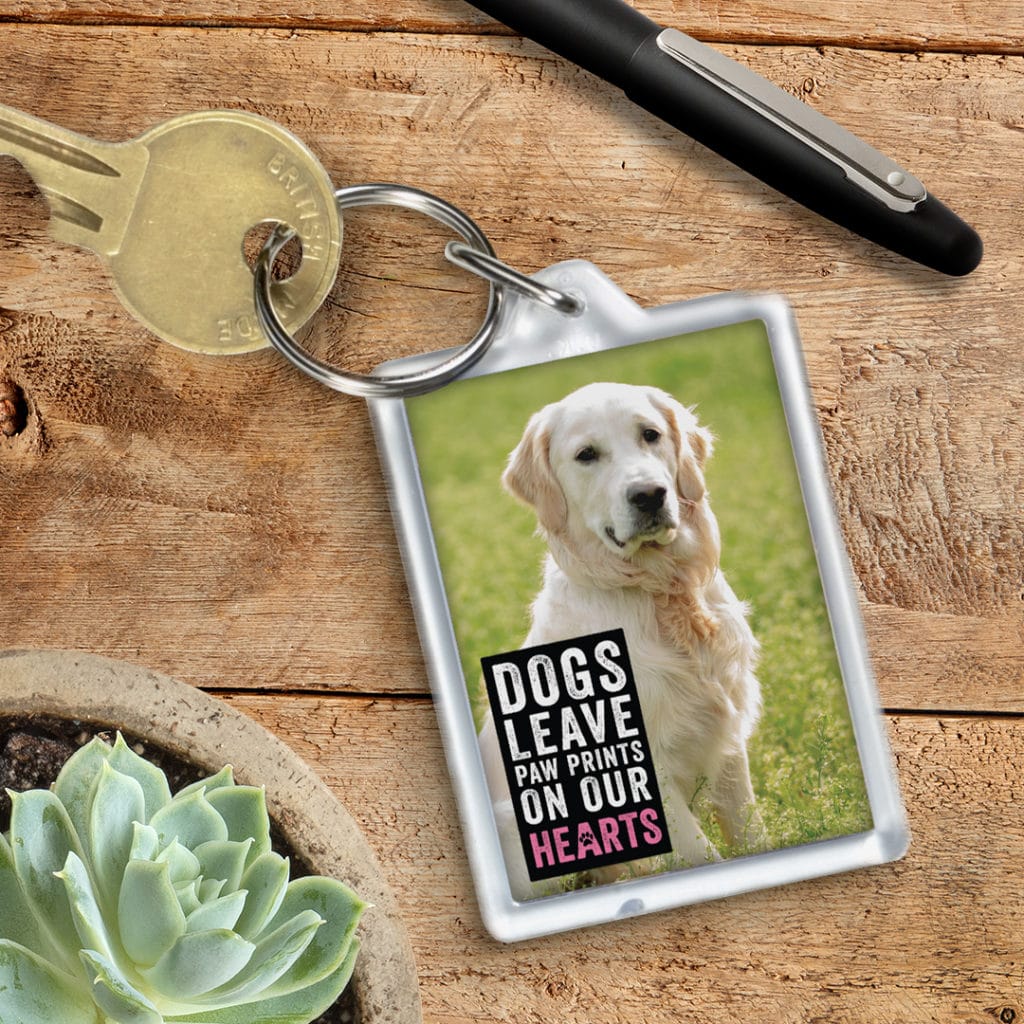 Photo of dog on key ring with embellishment quote