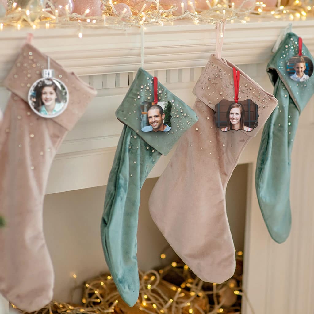 personalise Christmas stockings with photo ornaments for each of the family