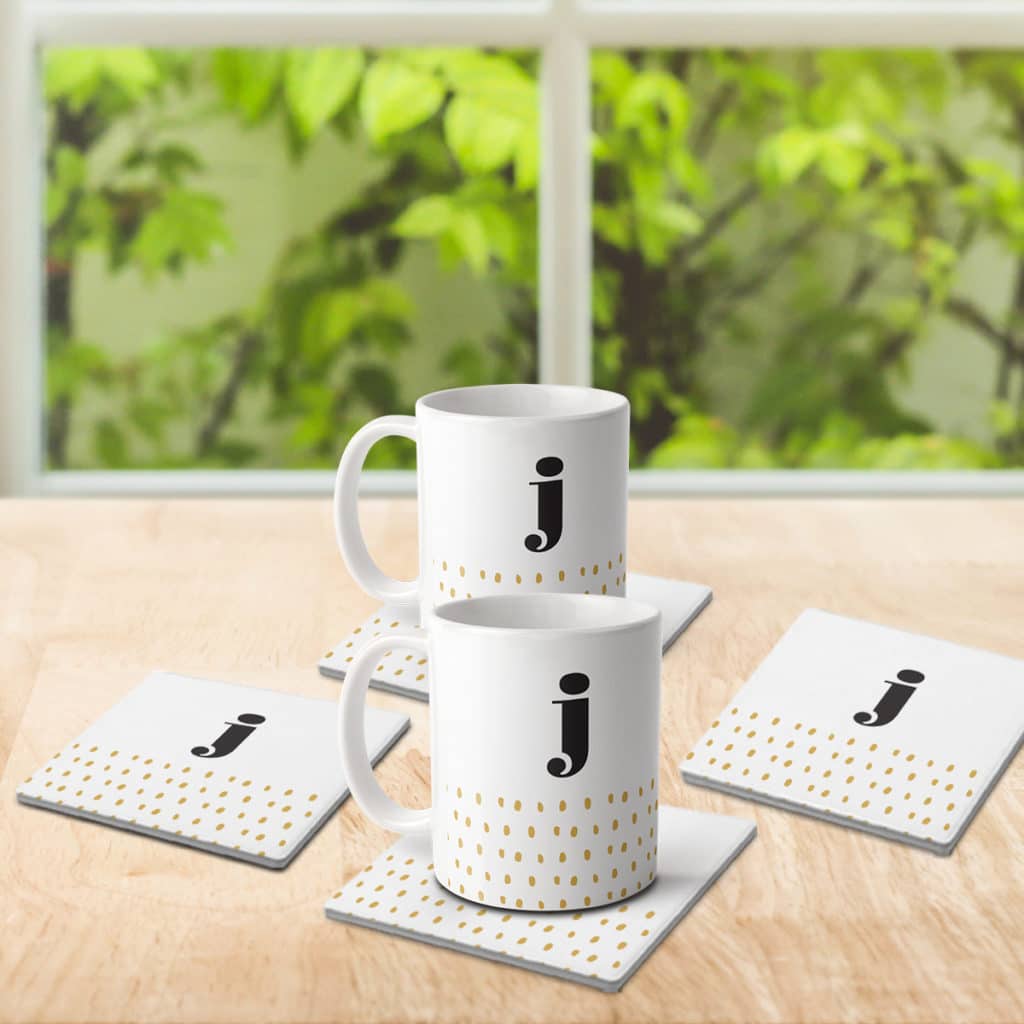 Matching personalized monogram stone coasters + custom mugs
