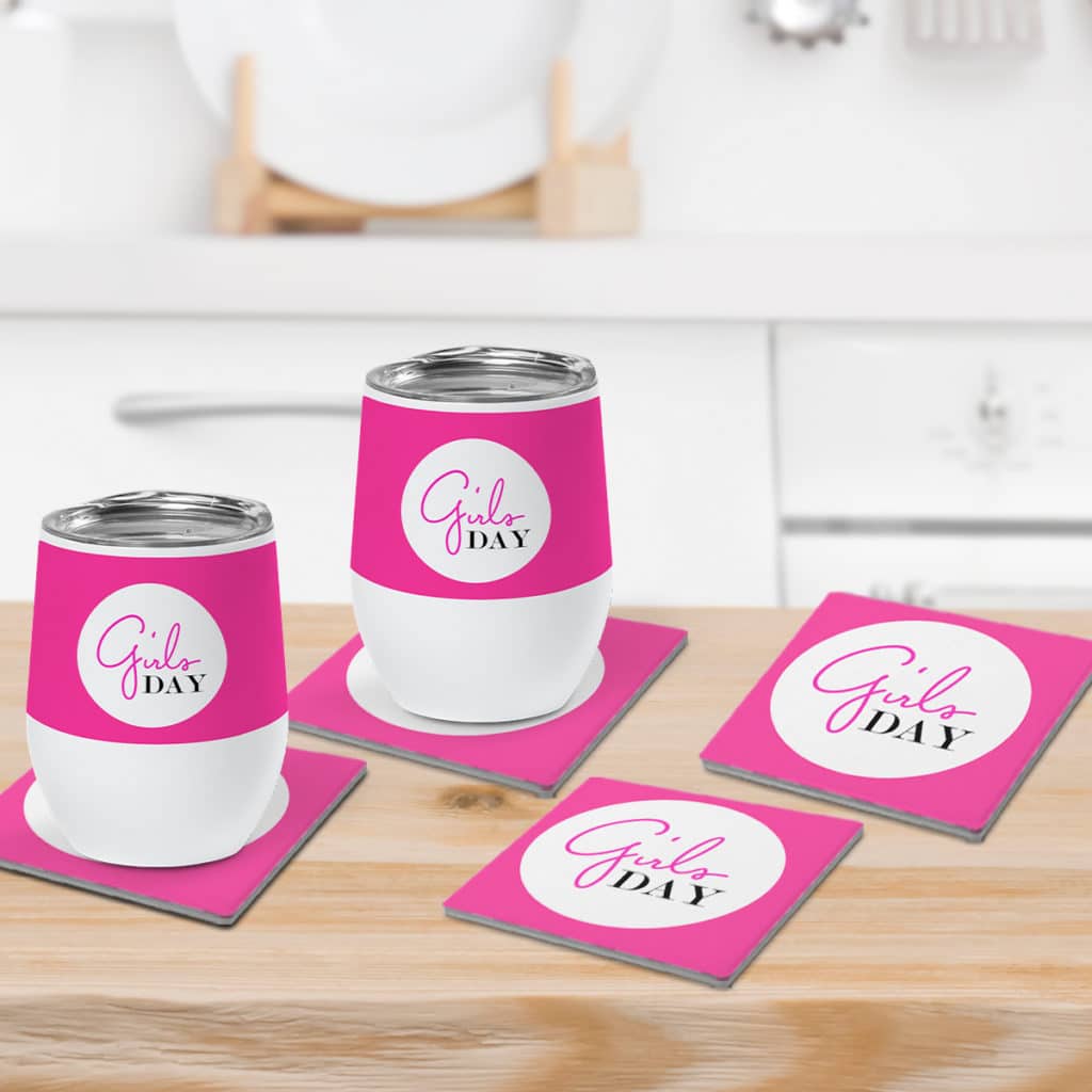 Create the custom look with matching custom stone coasters and personalized drinkware