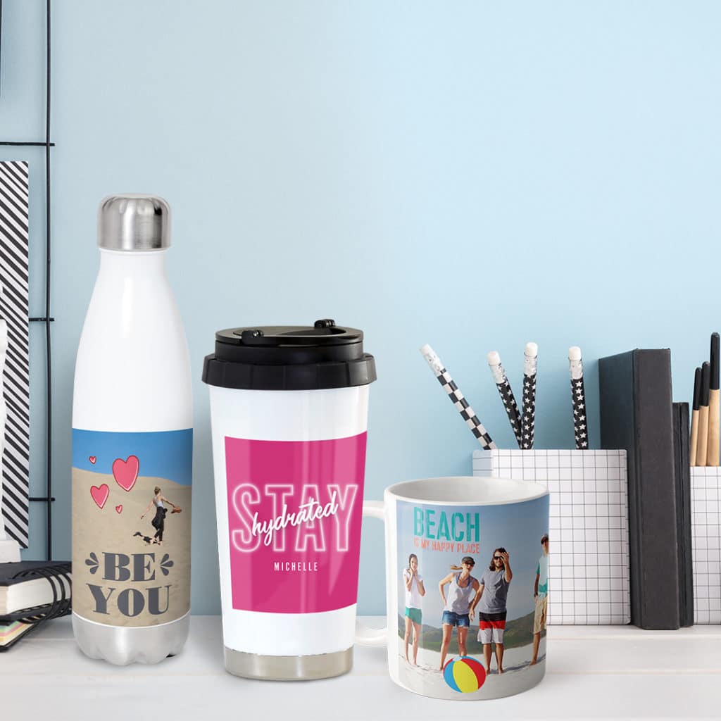 Customised drinkware. From customised water bottles, to personalised travel mugs to photo mugs. Memories of home with each sip!