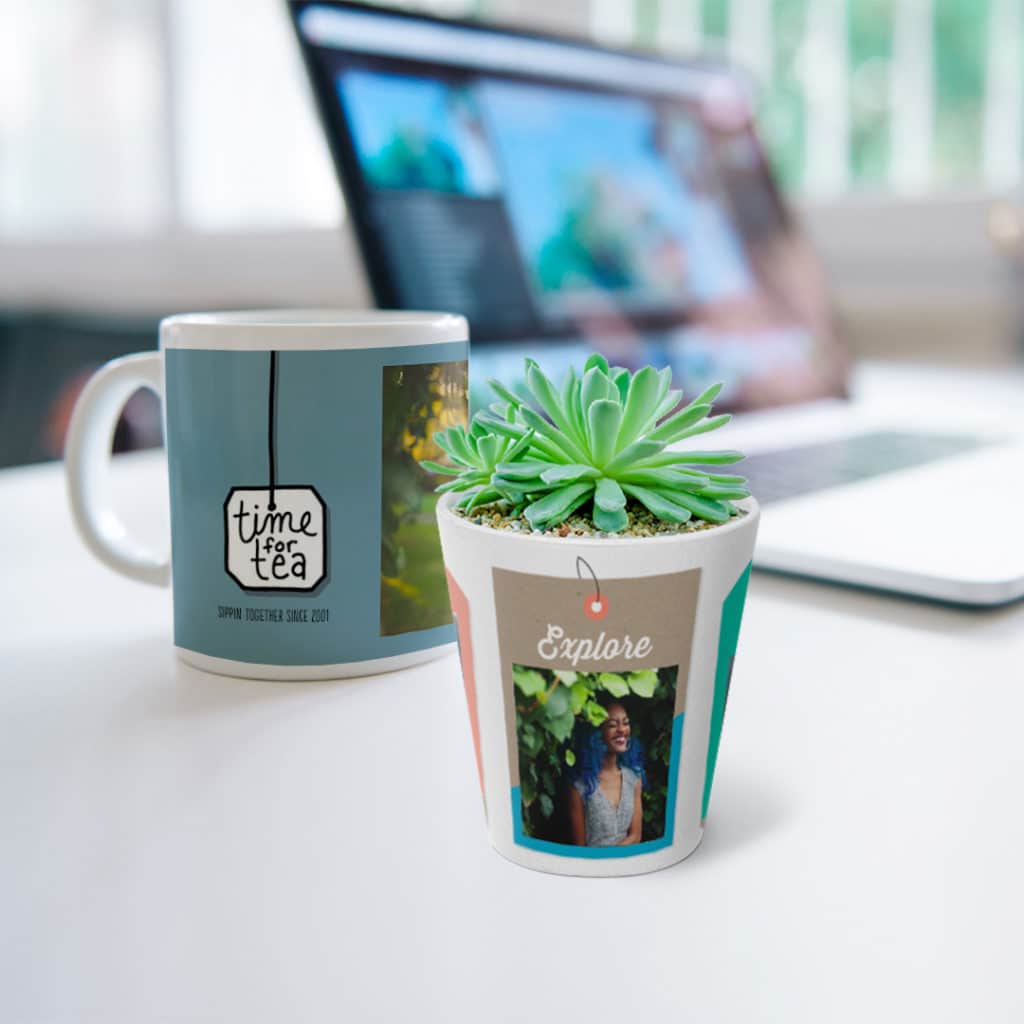 Brighten up your room with custom photo mugs and personalised plant pots.