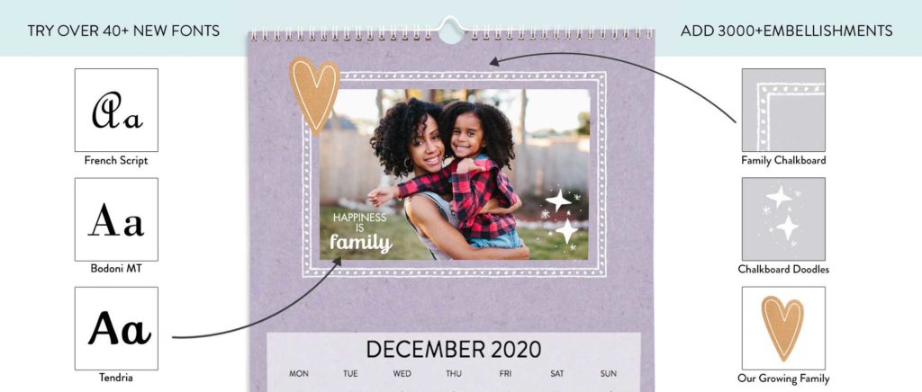 Customise printed wall calendars with photos, text and fun stickers