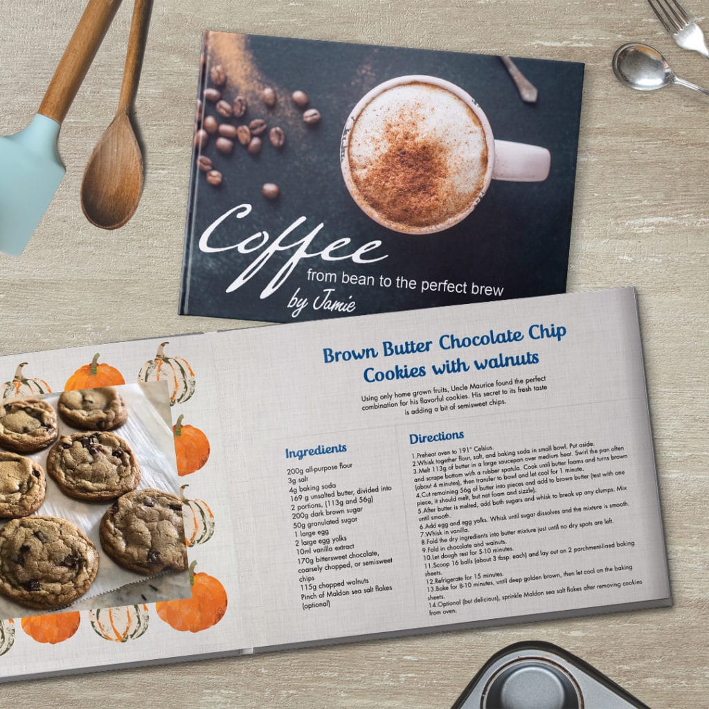 Use our pre-made photo book templates or upload scanned recipe cards