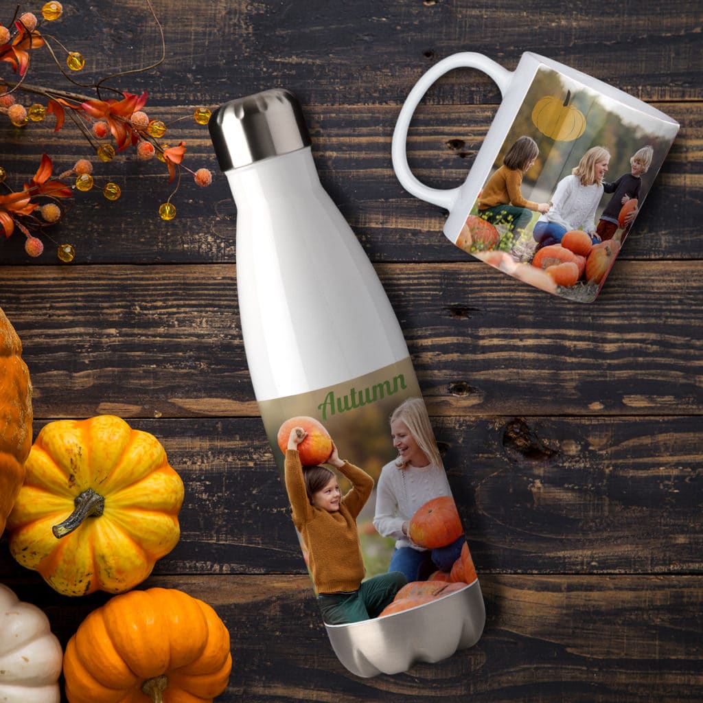 Create custom drinkware with fall images