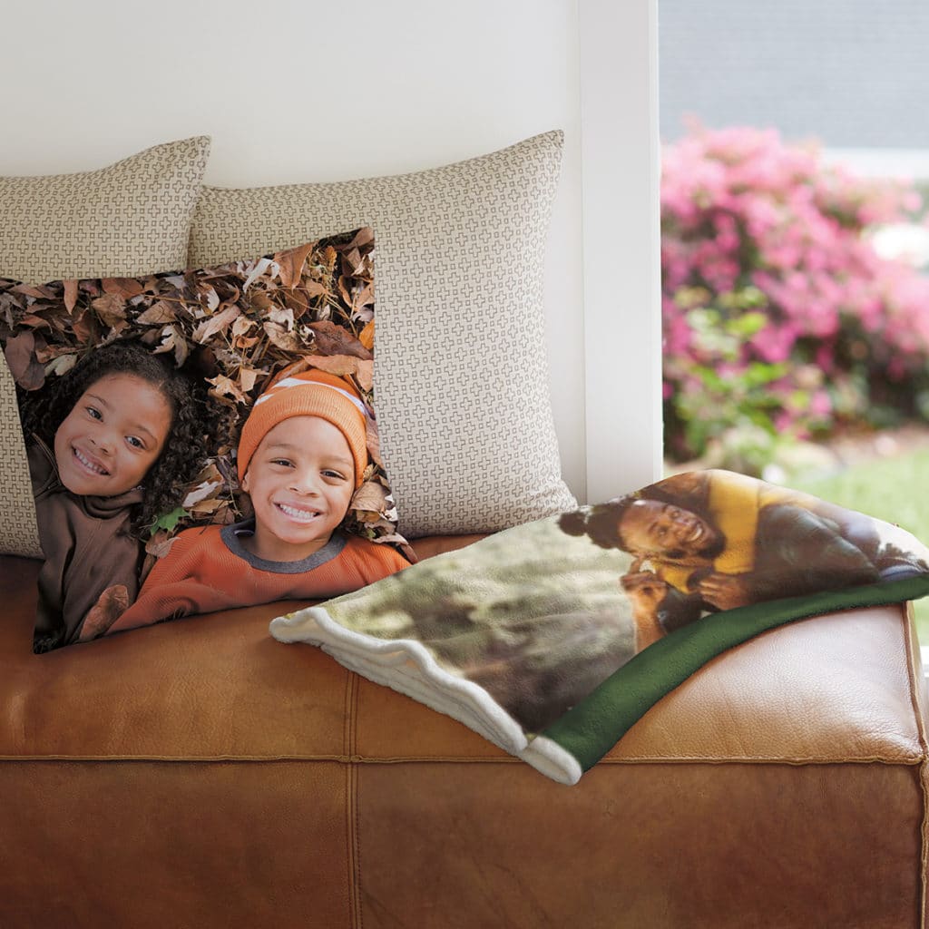 Cozy up at home this fall with photo blankets + pillows