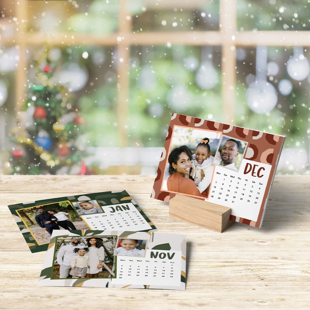 Wood block desk calendars with refillable cards. Just add photos!