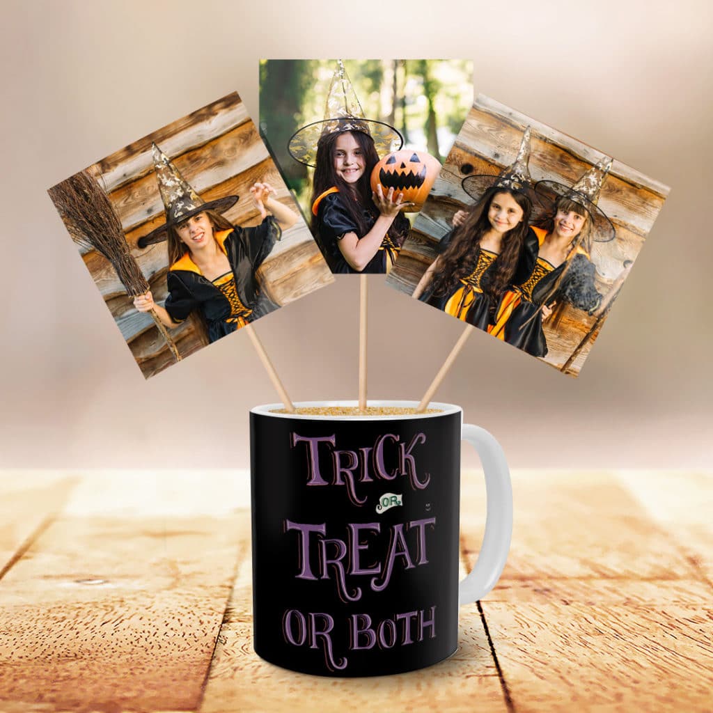 Make custom Halloween table decorations with photos mugs + photo prints