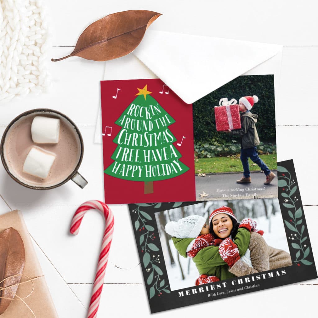 two sets of photo Christmas greeting cards with hot chocolate