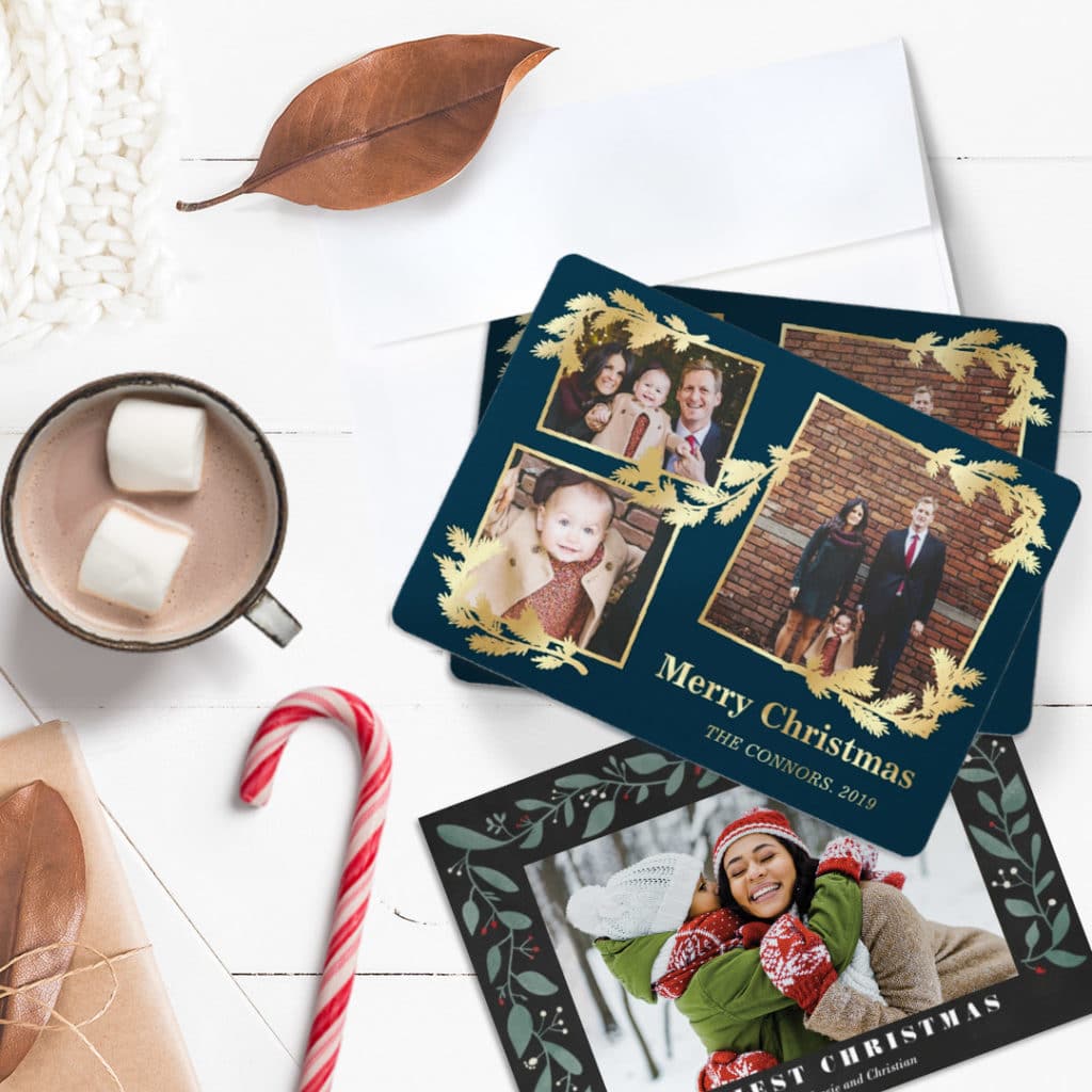 two sets of photo greeting cards with hot chocolate