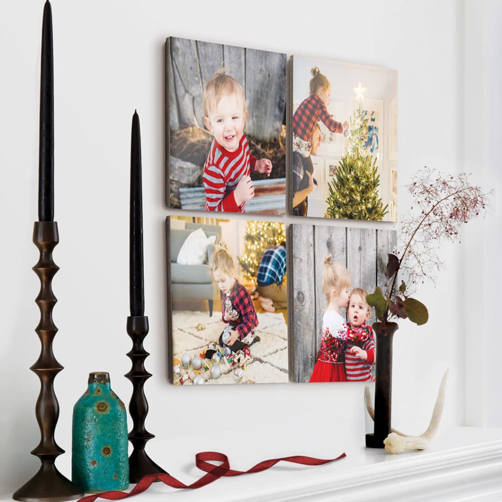 4 photo tiles above mantel 