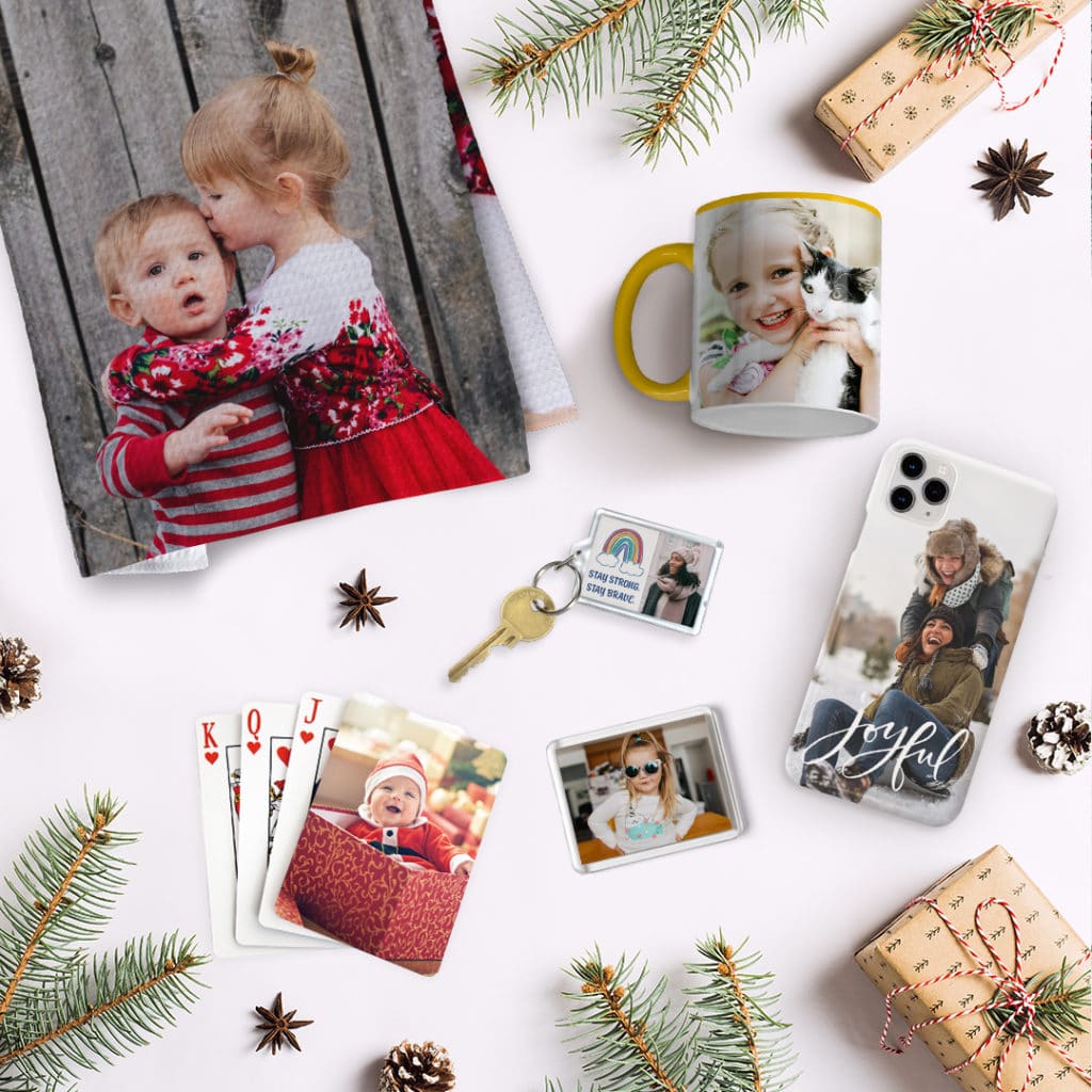 assortment of photo gifts strewn on floor 