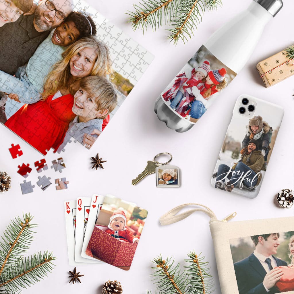 assortment of photo gifts strewn on floor with 