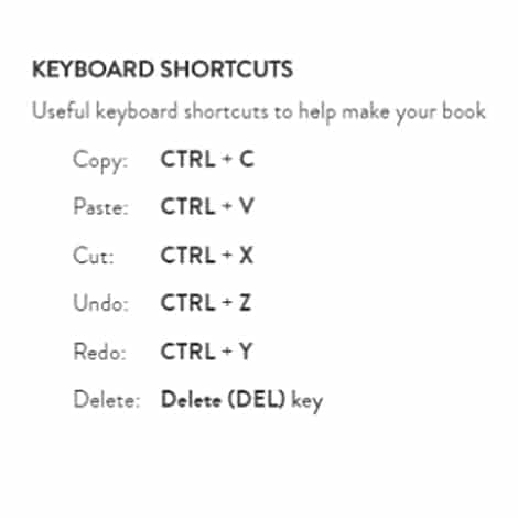 Keyboard shortcuts in the Snapfish builder