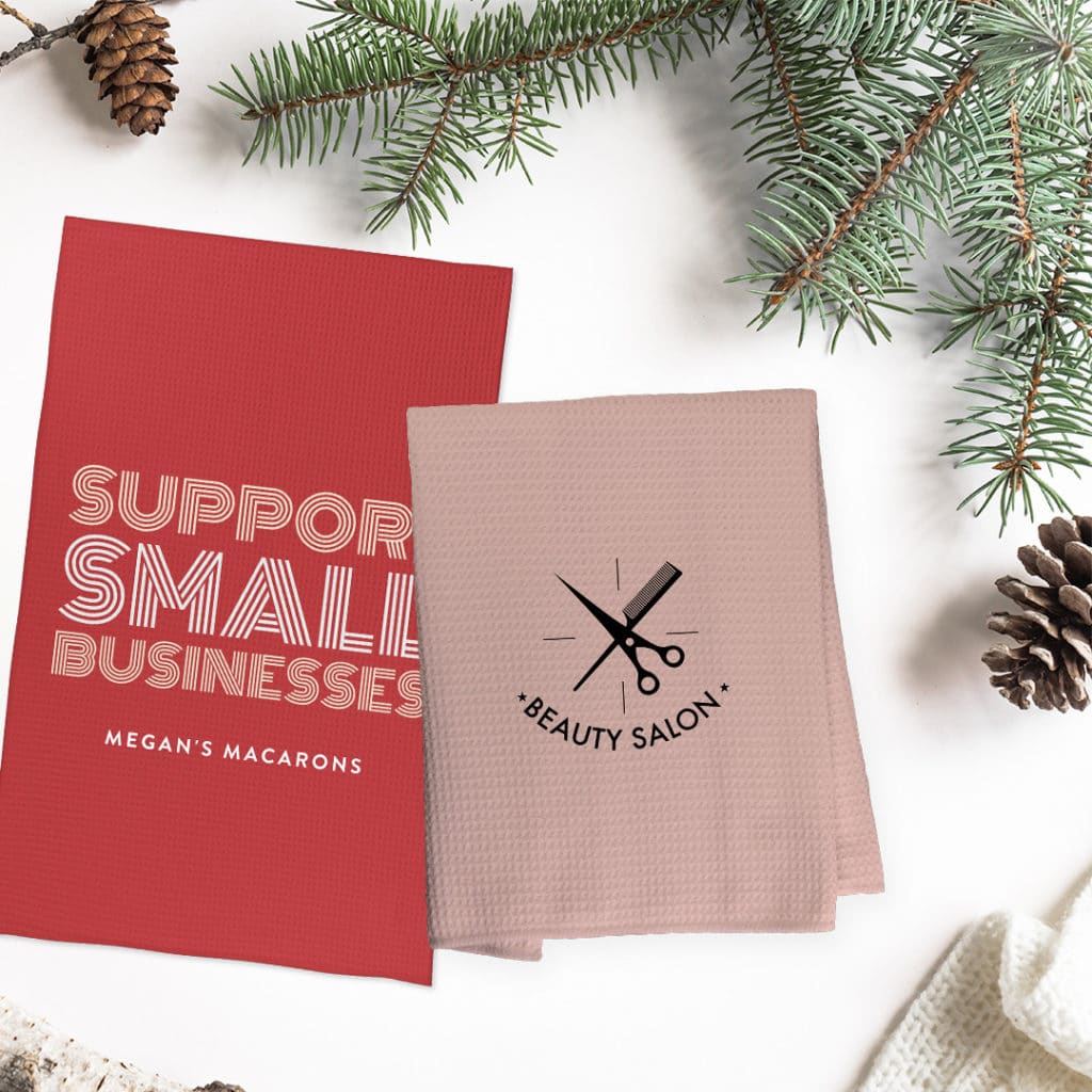 Support your local business with personalized tea towels printed with the company logo