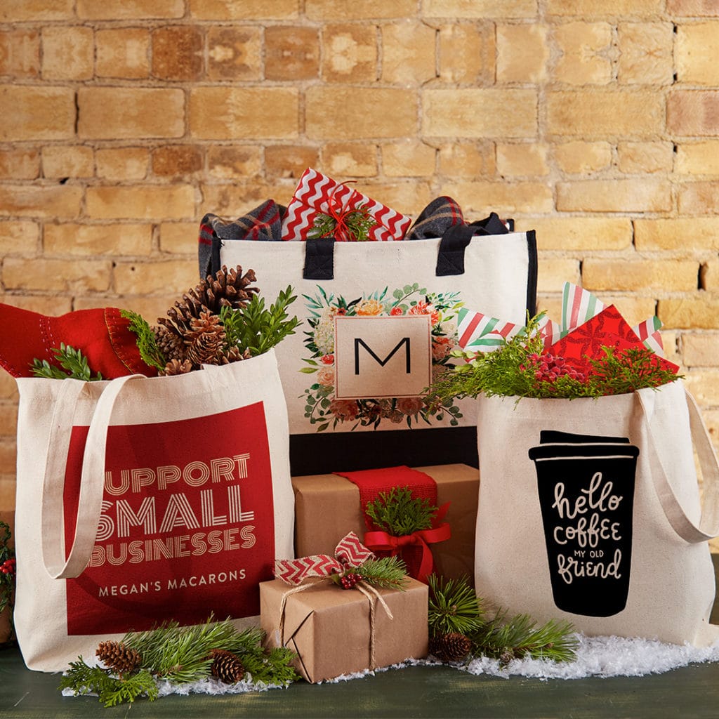 Custom totes- because everyone needs to holiday gift bags. Add photos + messaging to the front.
