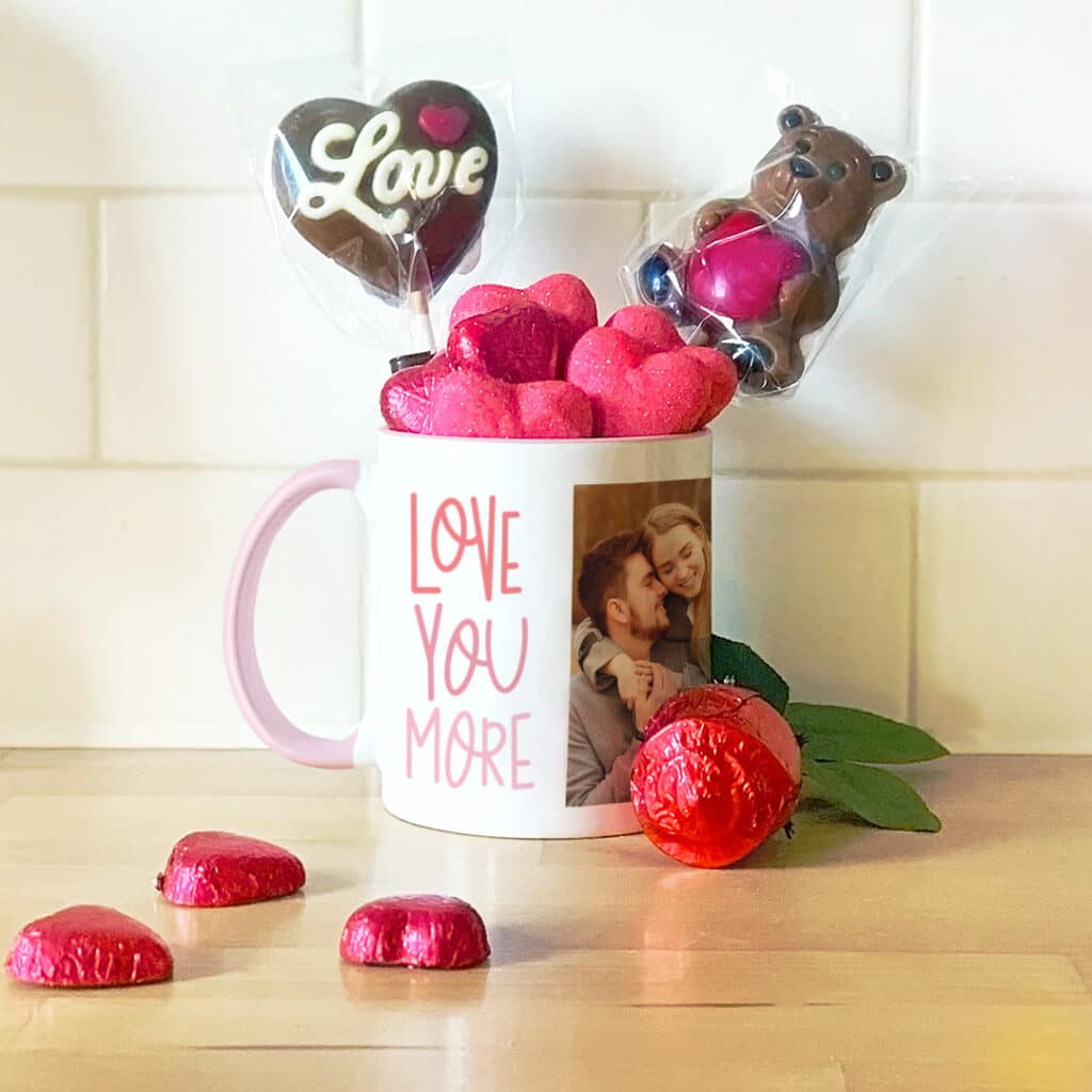 pink handle mug with heart sweets