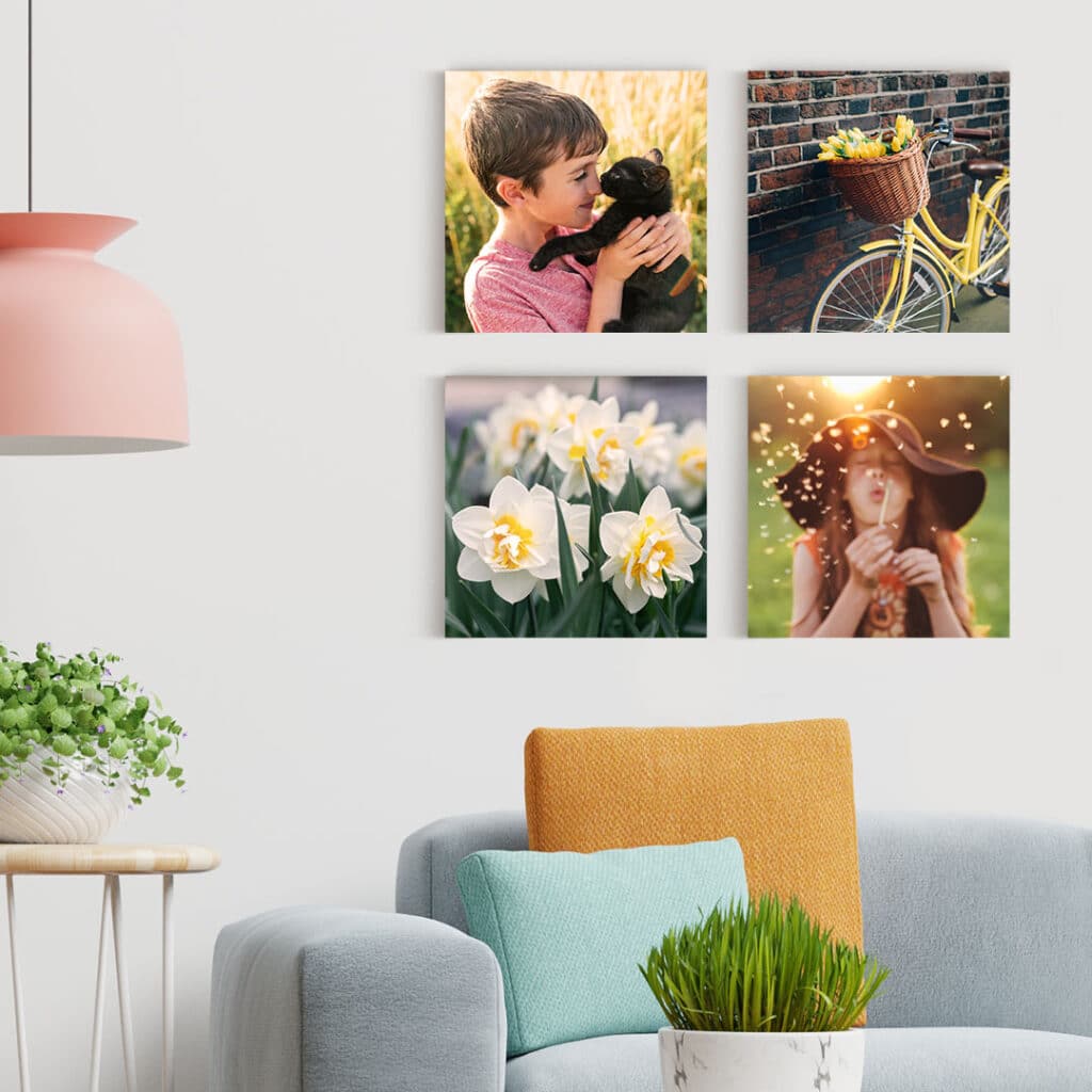 Set of colourful photo wall tiles on living room wall
