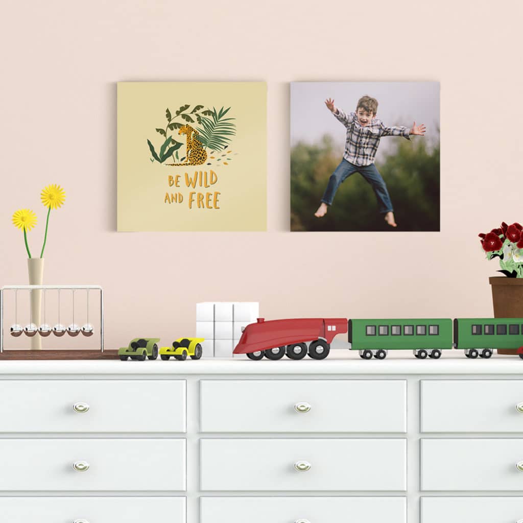 Print photos and kids drawings, or make non photo designs to brighten up your walls