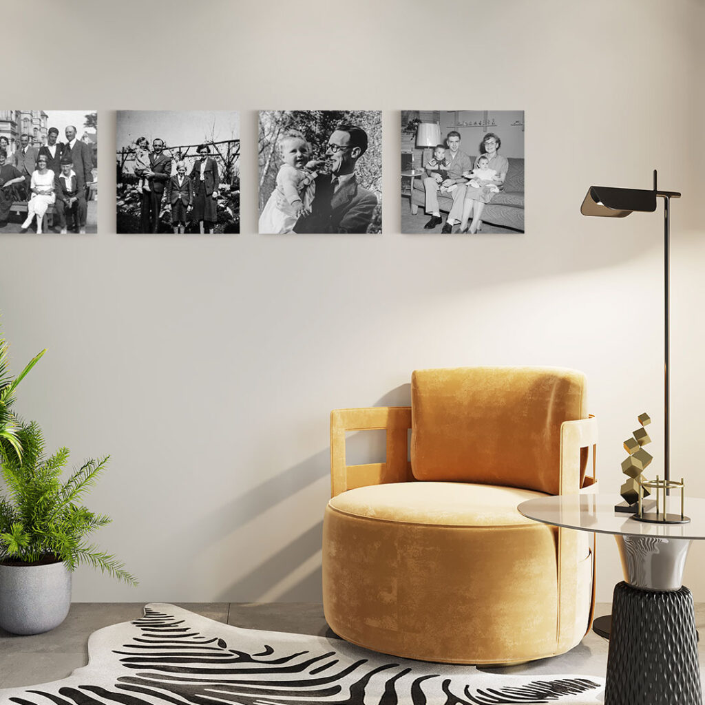 Series of monochrome photo wall tiles in study