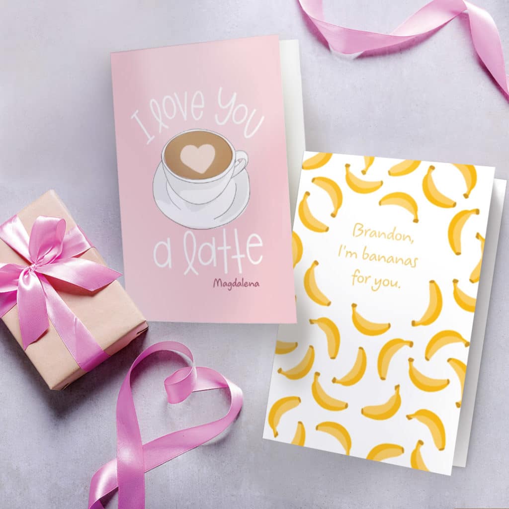 two graphic valentine’s day cards with ribbon and flower