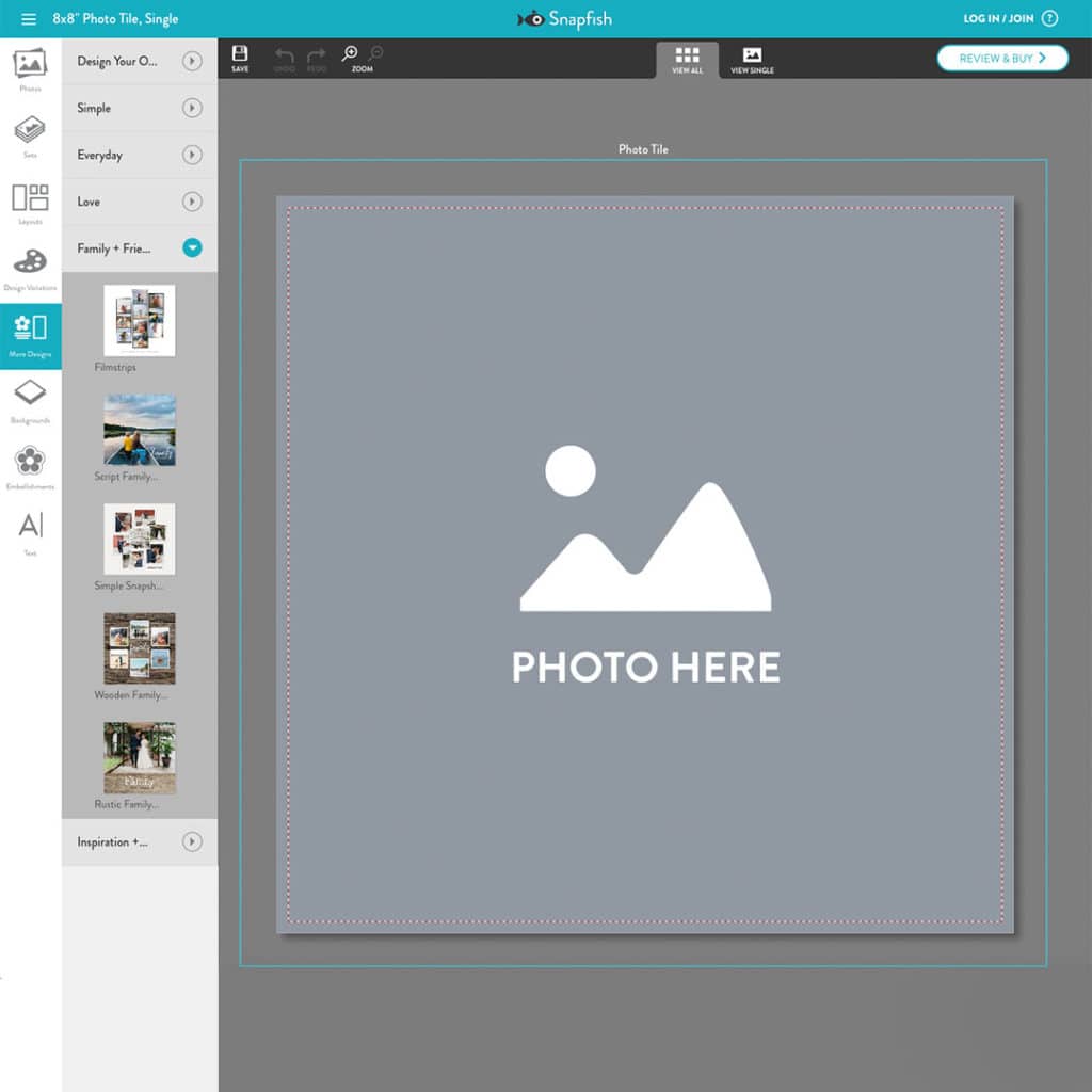 The Snapfish easy to use design builder allows you to create the photo tile image you want