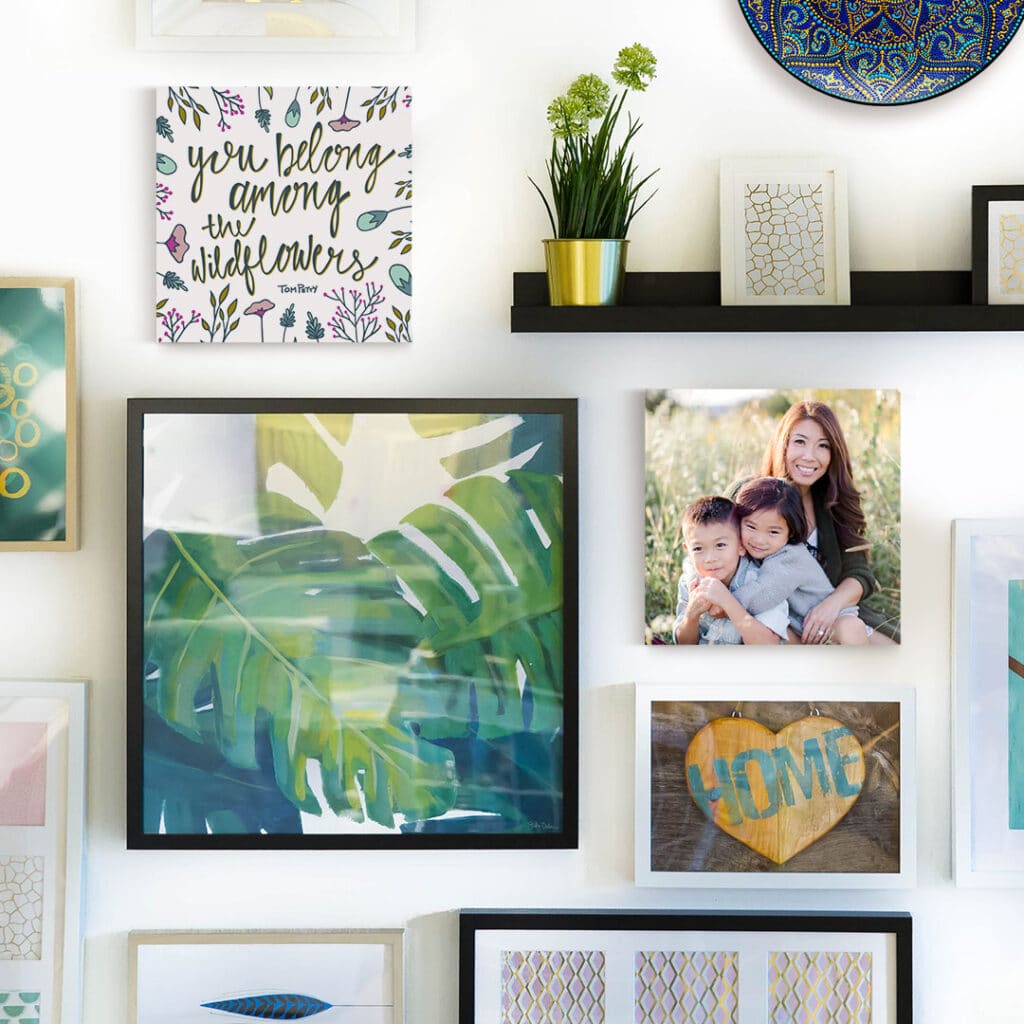 Gallery wall art display with photo tiles