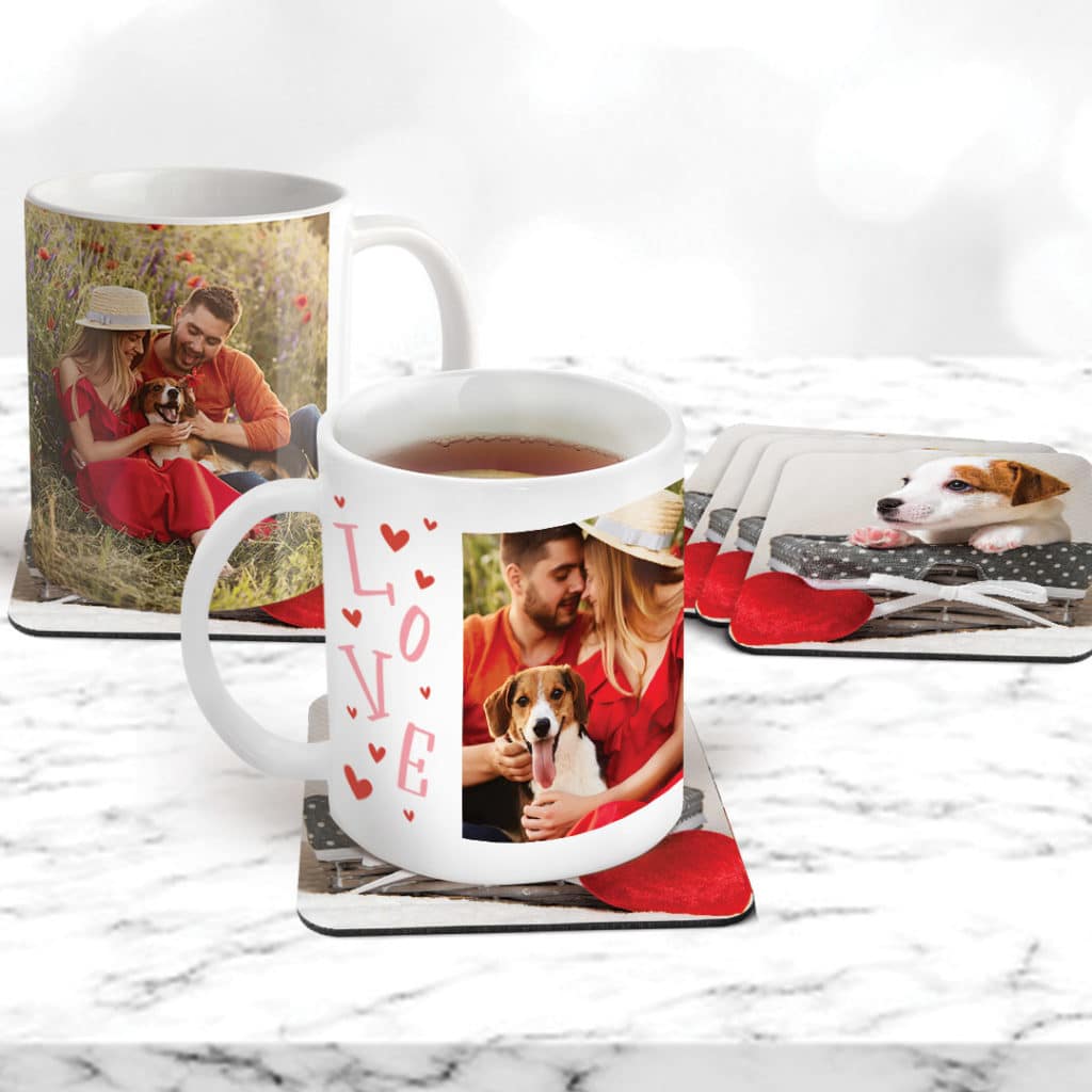 Mugs and coasters with photos of couple and dog