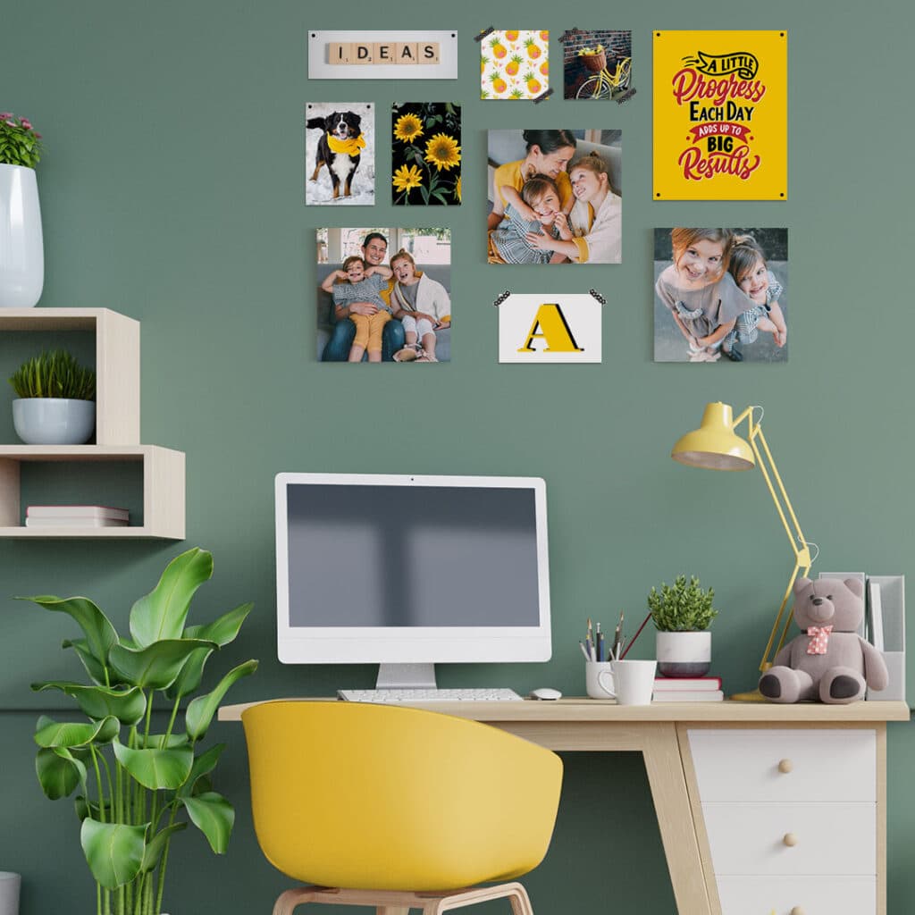 Bright photo tiles on wall in home-office study