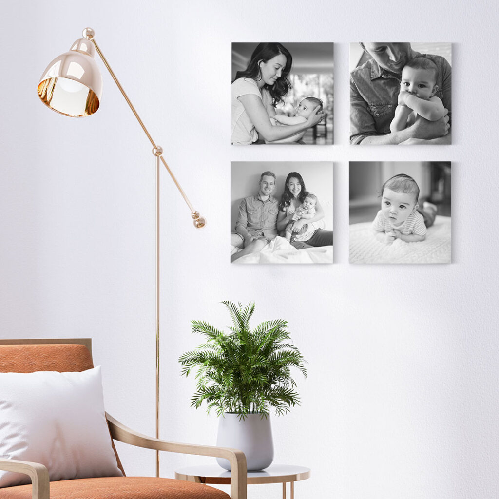monochromatic display of black and white pictures printed onto photo wall tiles