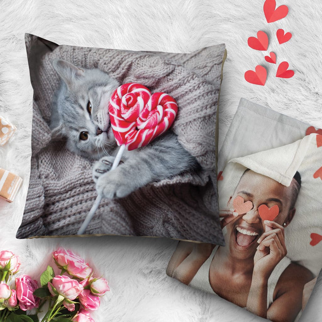 Pillows with photos of girl and cat