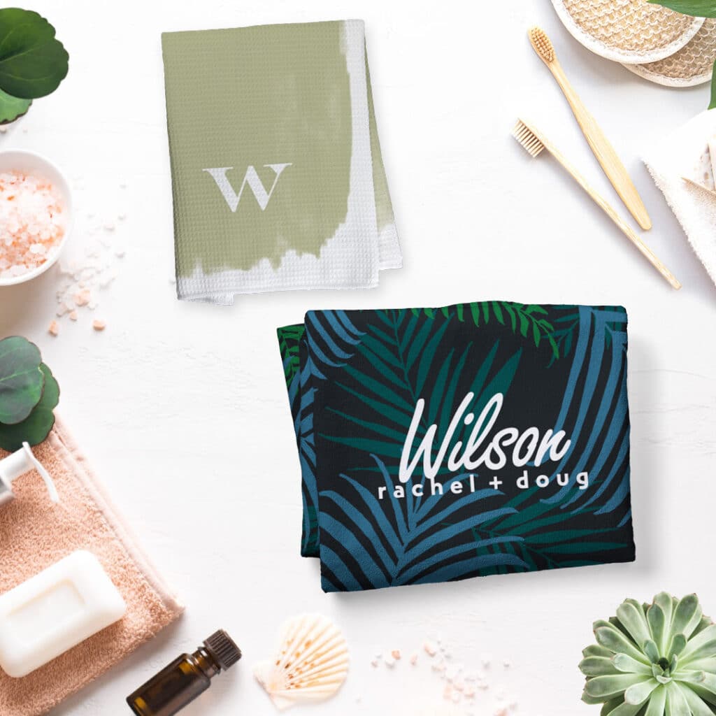Tea towel and beach towel featuring green and palm leaf-inspired designs