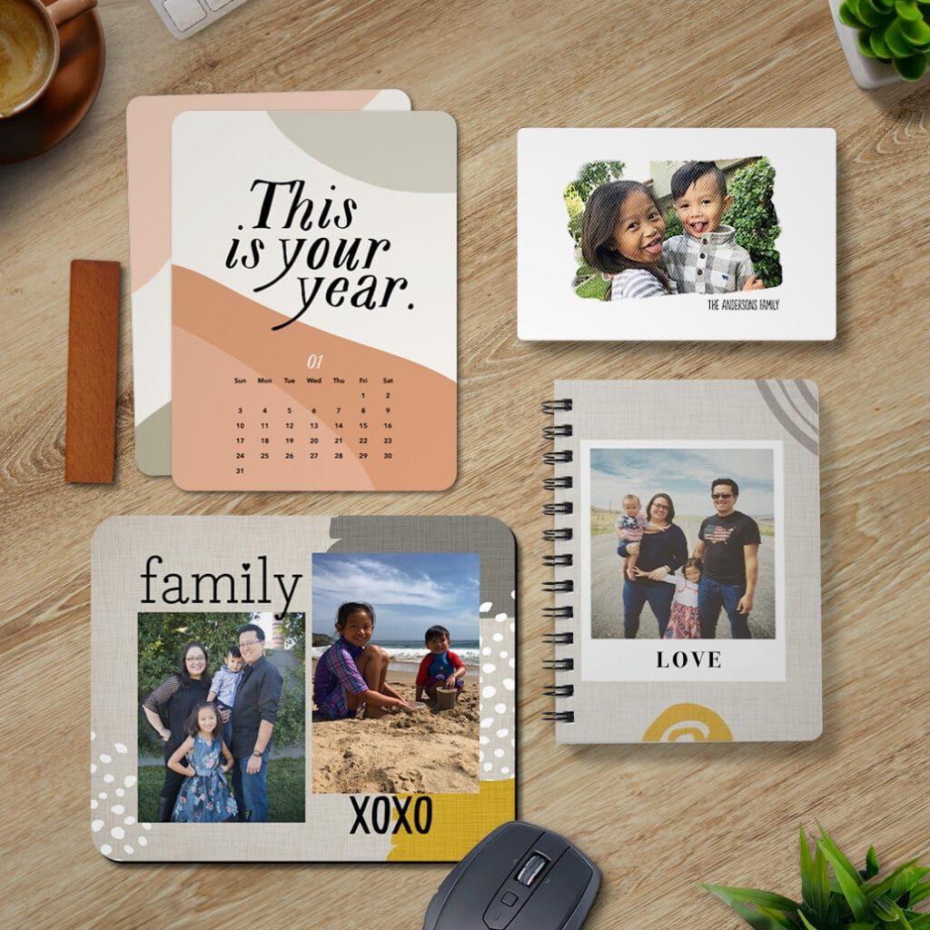 Neutral colored office supplies including wood block desk calendar, 4x6 canvas, mousepad, and notebook