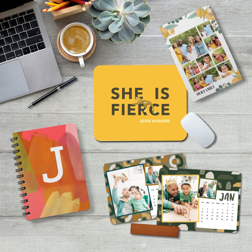 Photo gifts for home office including mousepad, journal/notebook, calendar, and 4x6 canvas