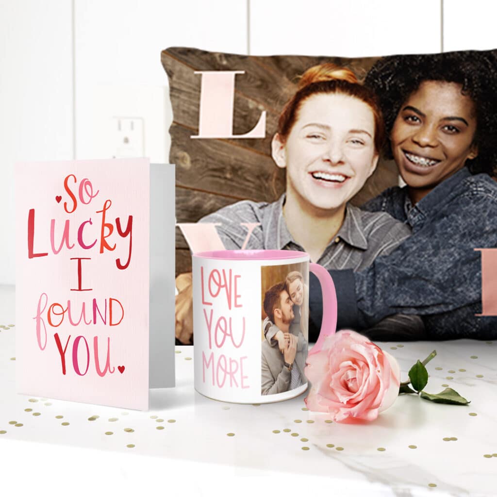 valentine card, pink handle mug and 14x20" throw cushion