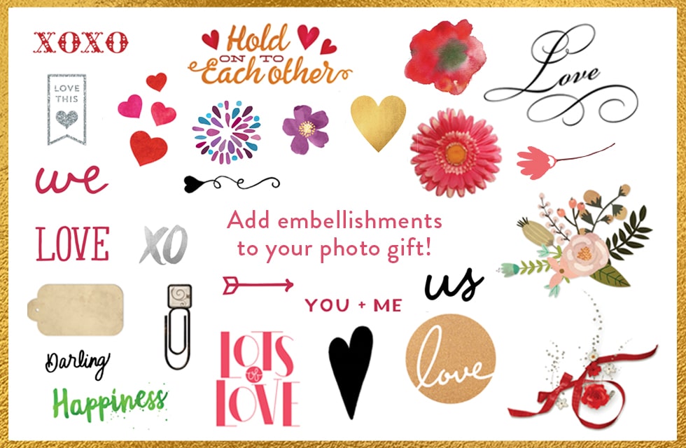 Customise photo gifts with love themed embellishments
