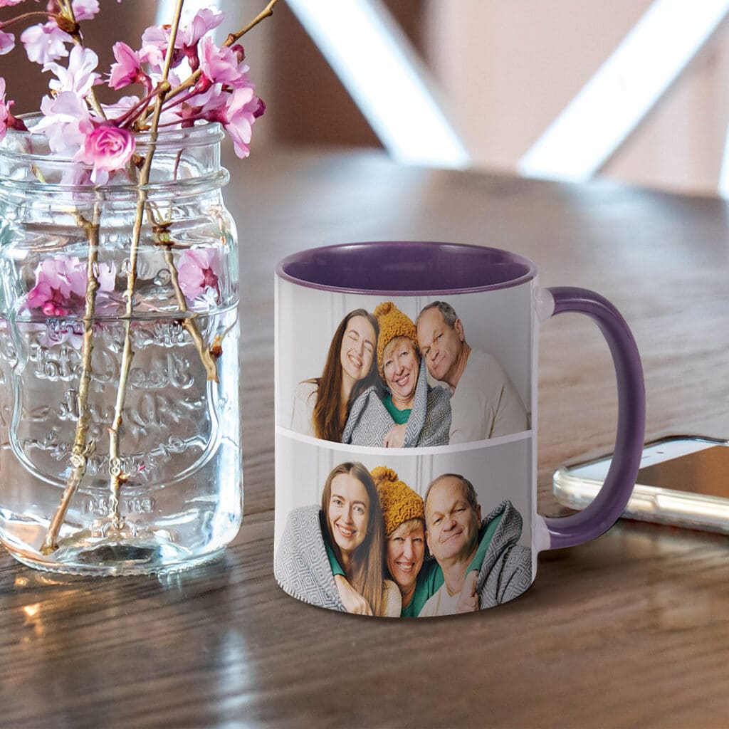 purple handle photo mug