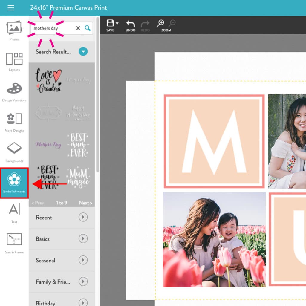 mother’s day embellishments using search in builder