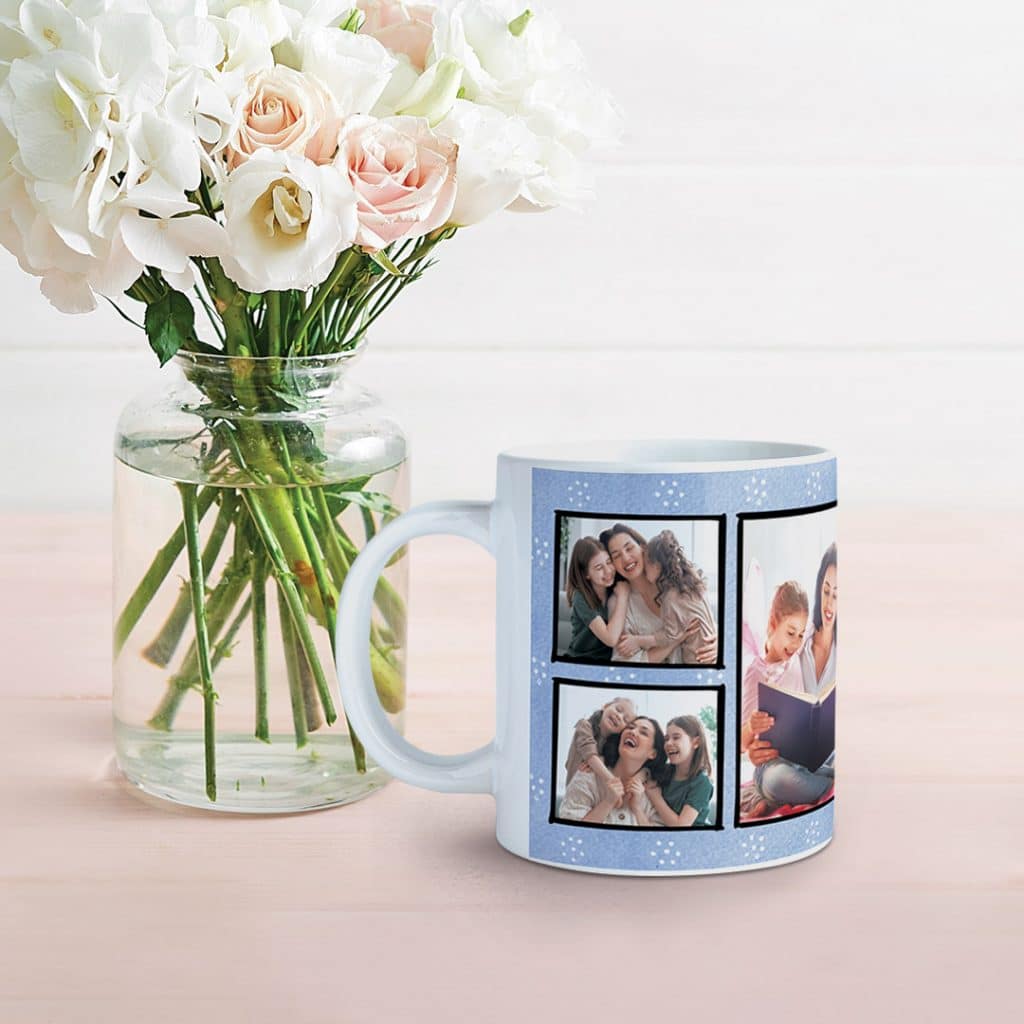 mug next to vase with flowers