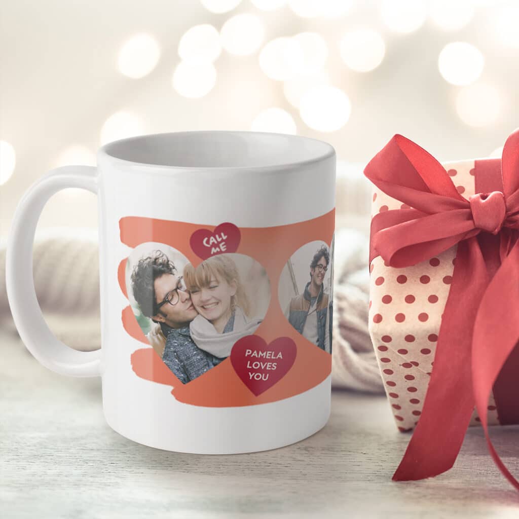 hearts on hearts design on white mug