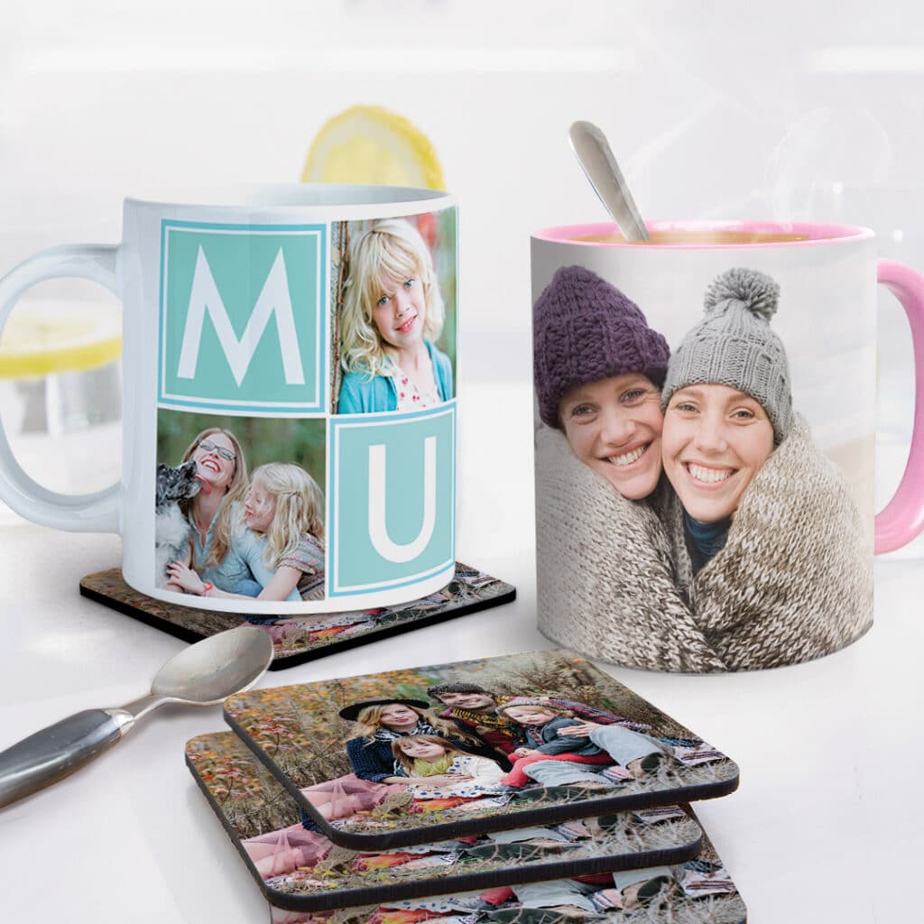 two mugs on a table on coasters