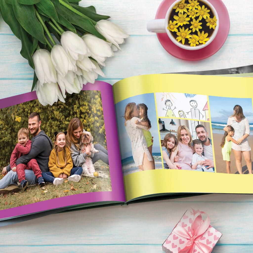 photobook with gifts and flowers